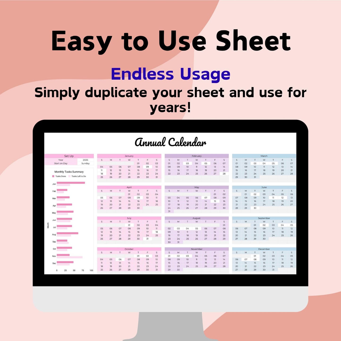 Pink Monthly & Annual Calendar Spreadsheet - Google Sheets