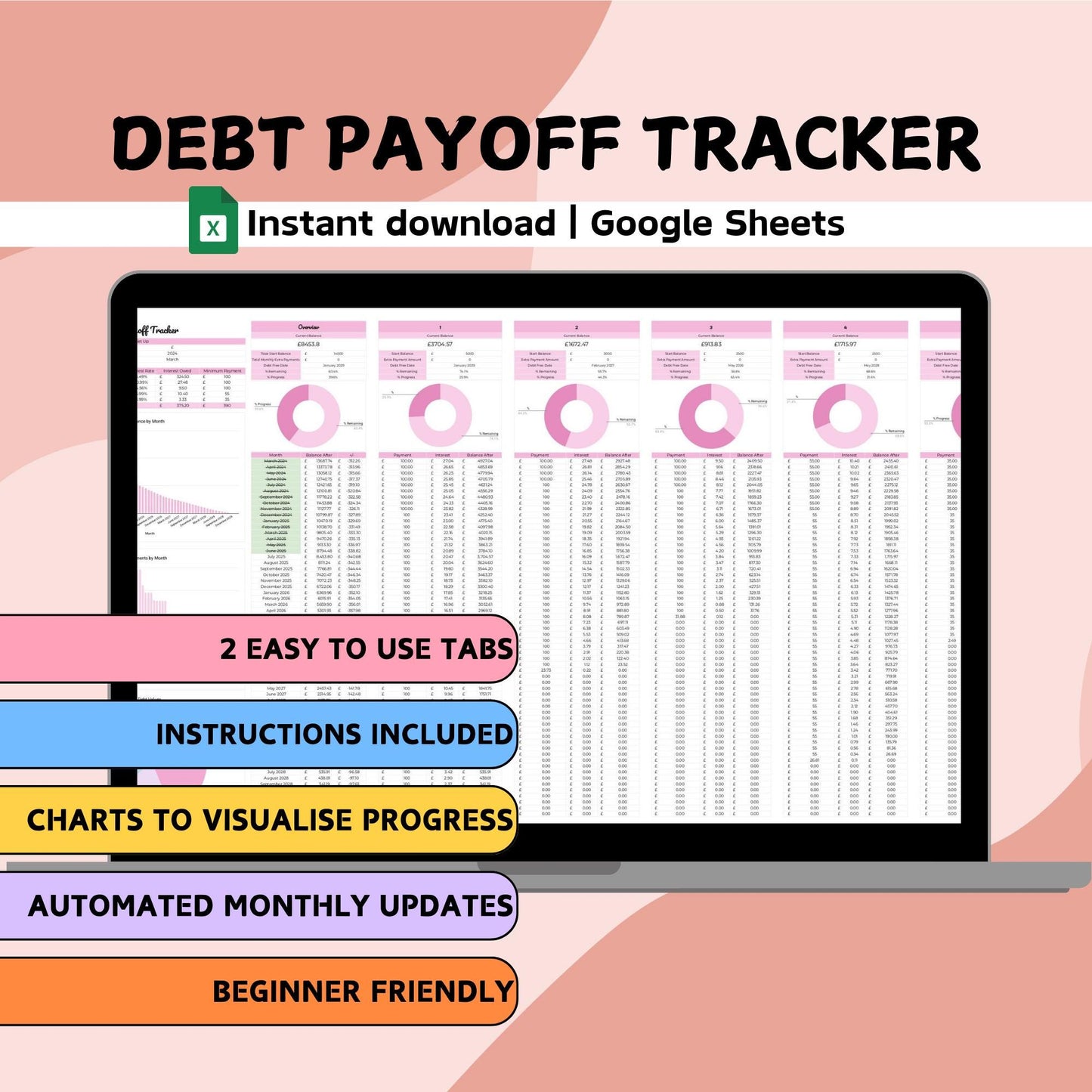 Pink Debt Payoff Tracker - Google Sheets