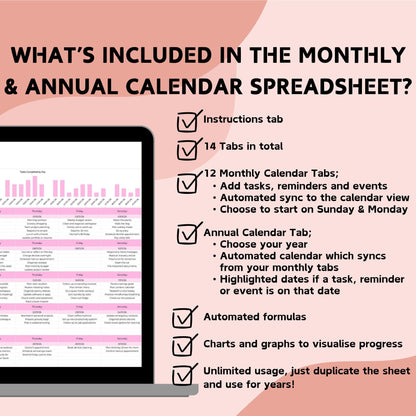 Pink Monthly & Annual Calendar Spreadsheet - Google Sheets