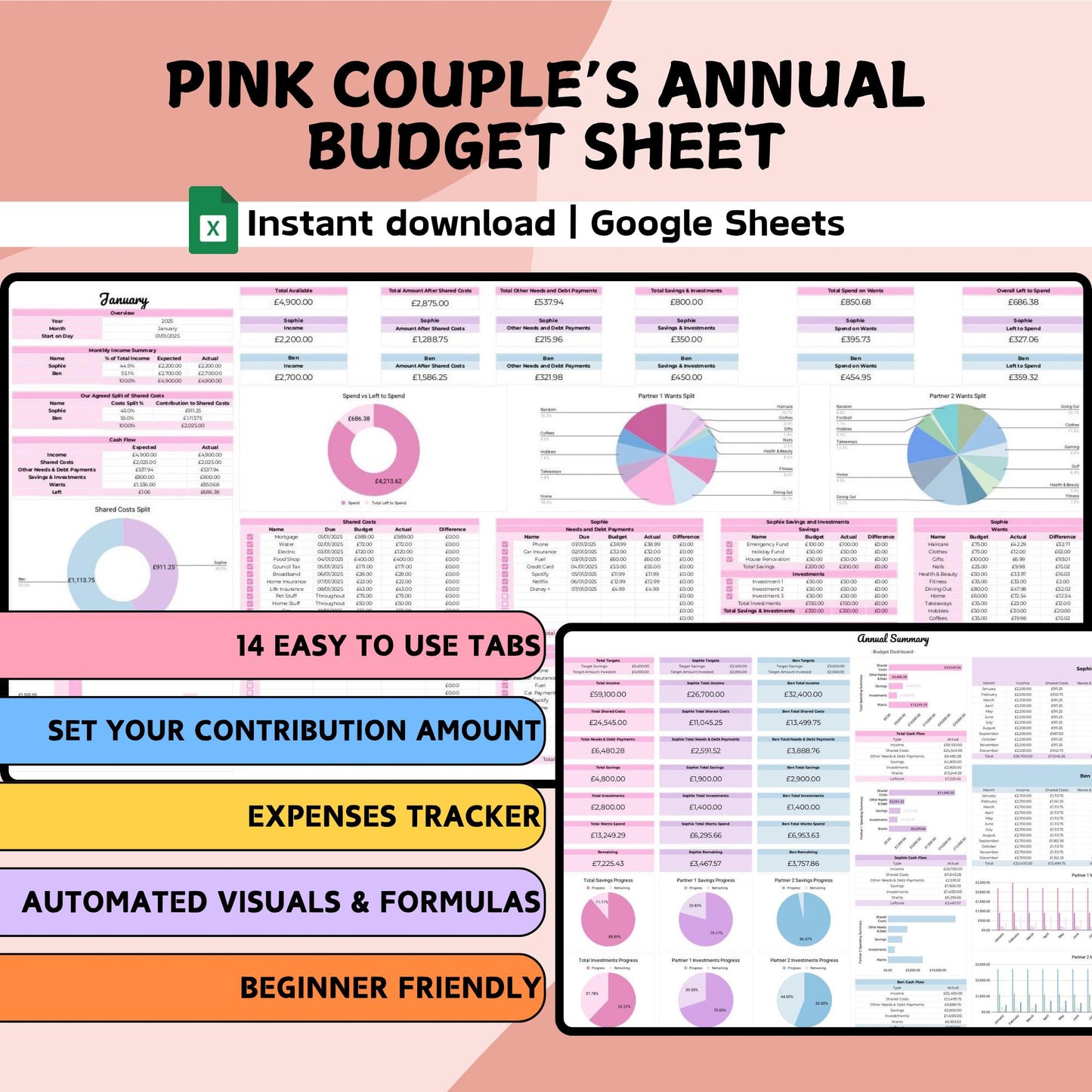 Pink Couple's Annual Budget Planner - Google Sheets