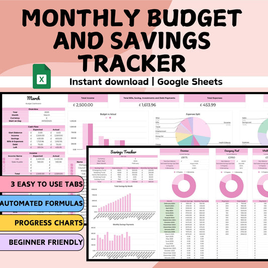 Pink Monthly Budget and Savings Tracker - Google Sheets