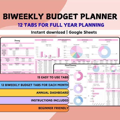 Pink Biweekly Budget Planner (12 Tabs for Full Year) - Google Sheets
