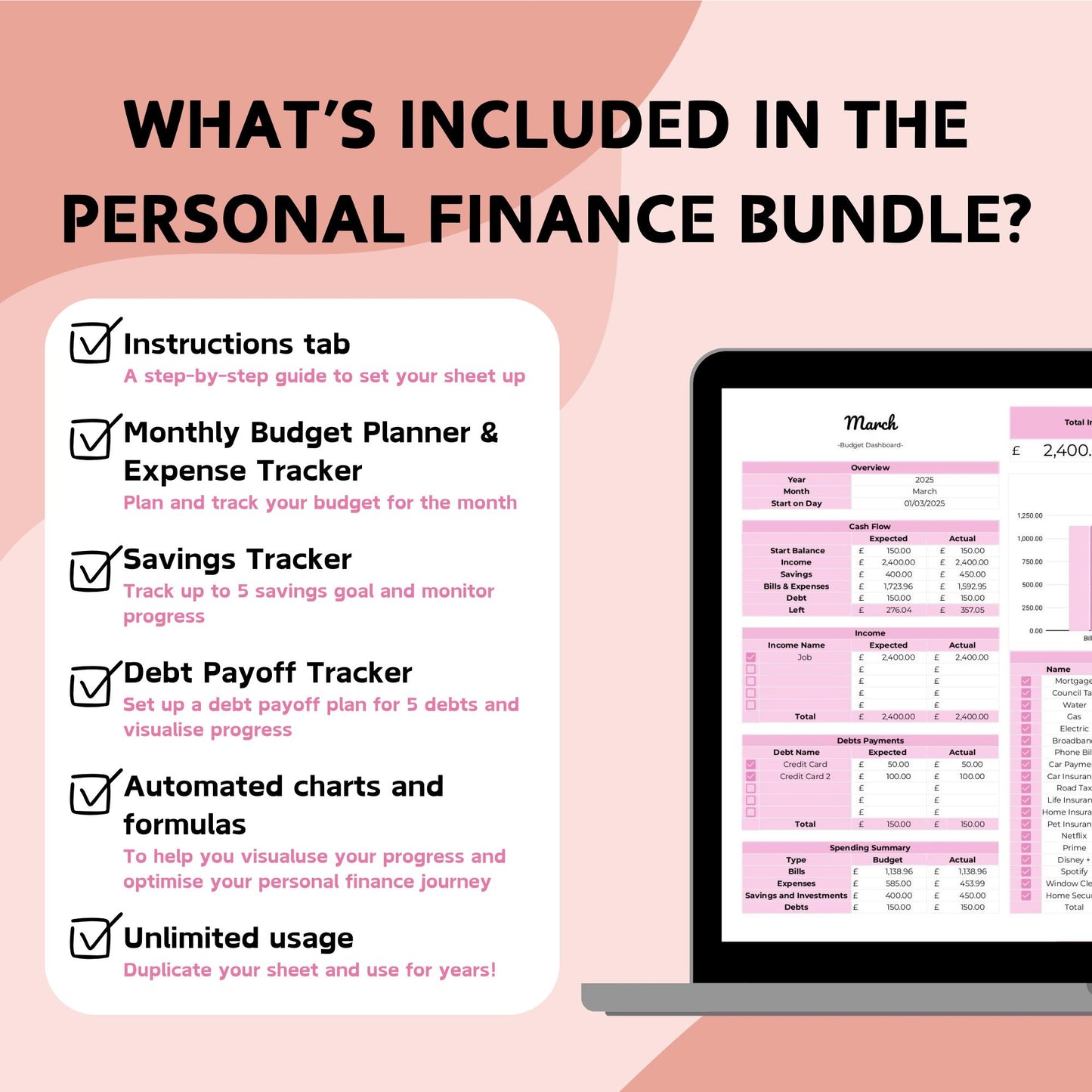 Personal Finances Bundle | Budget, Debt Payoff and Savings Trackers - Google Sheets
