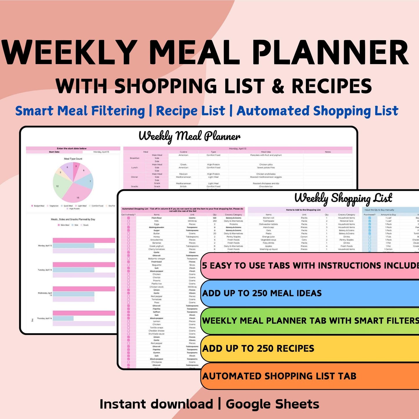 Ultimate Weekly Meal Planner with Automated Shopping List - Google Sheets
