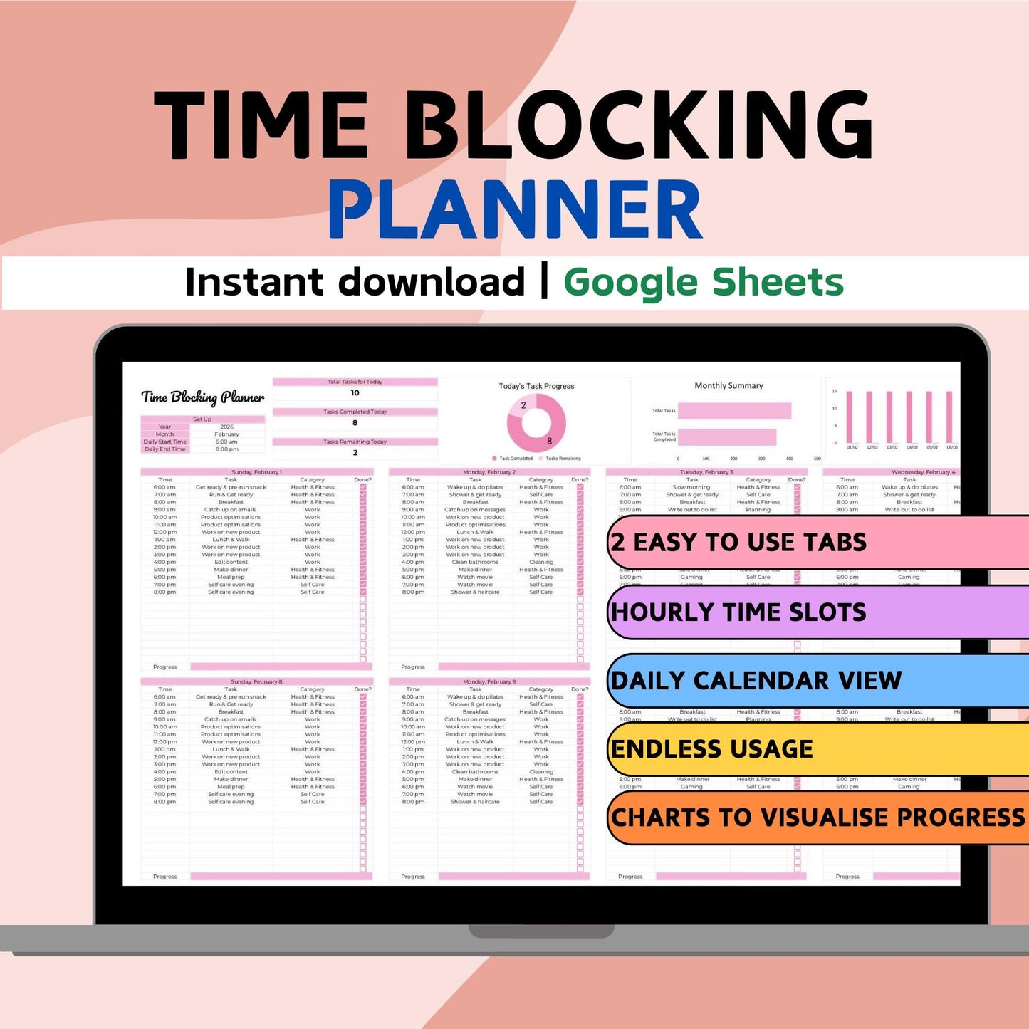 Hourly Time Blocking Planner Spreadsheet - Google Sheets
