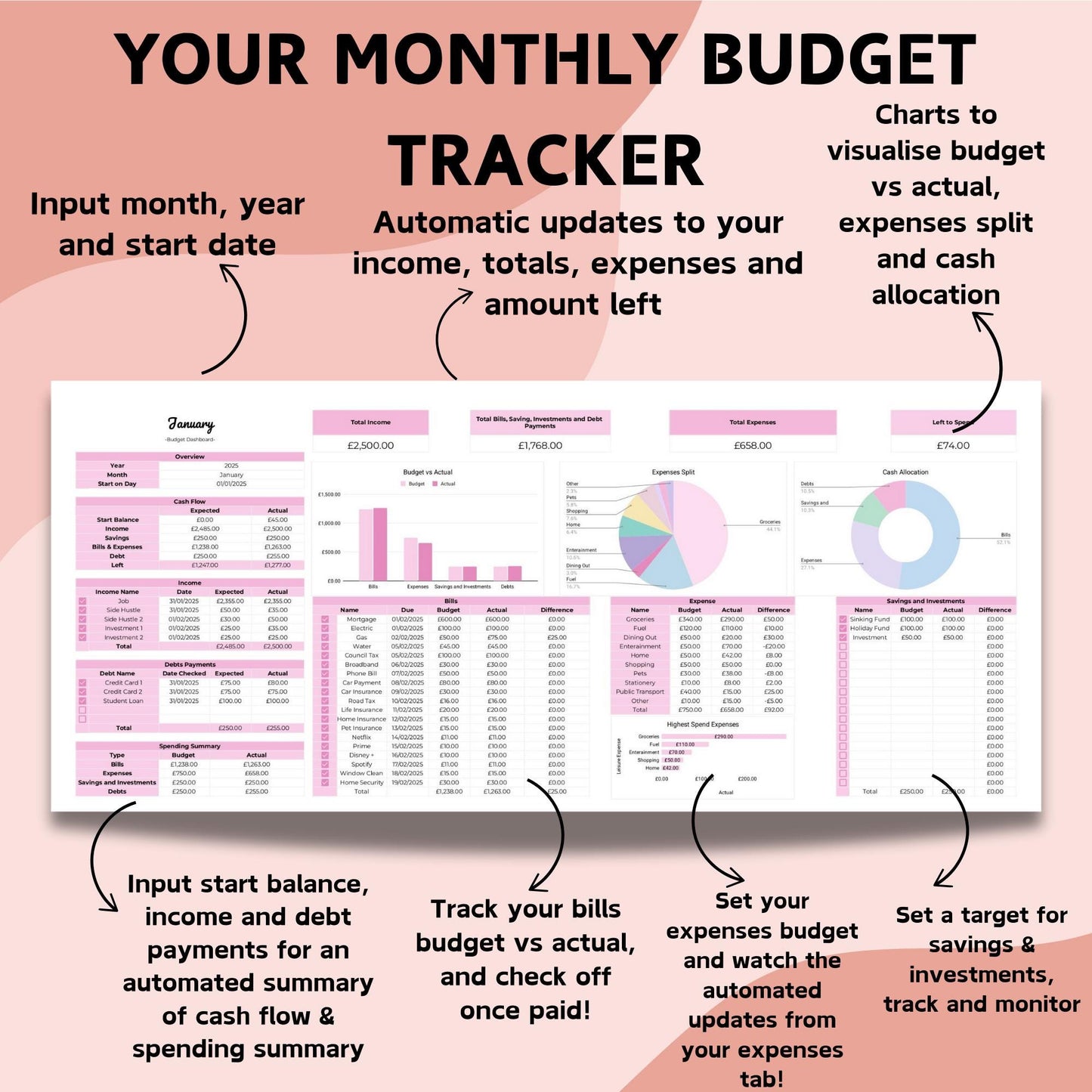 Pink Monthly Budget Planner - Google Sheets
