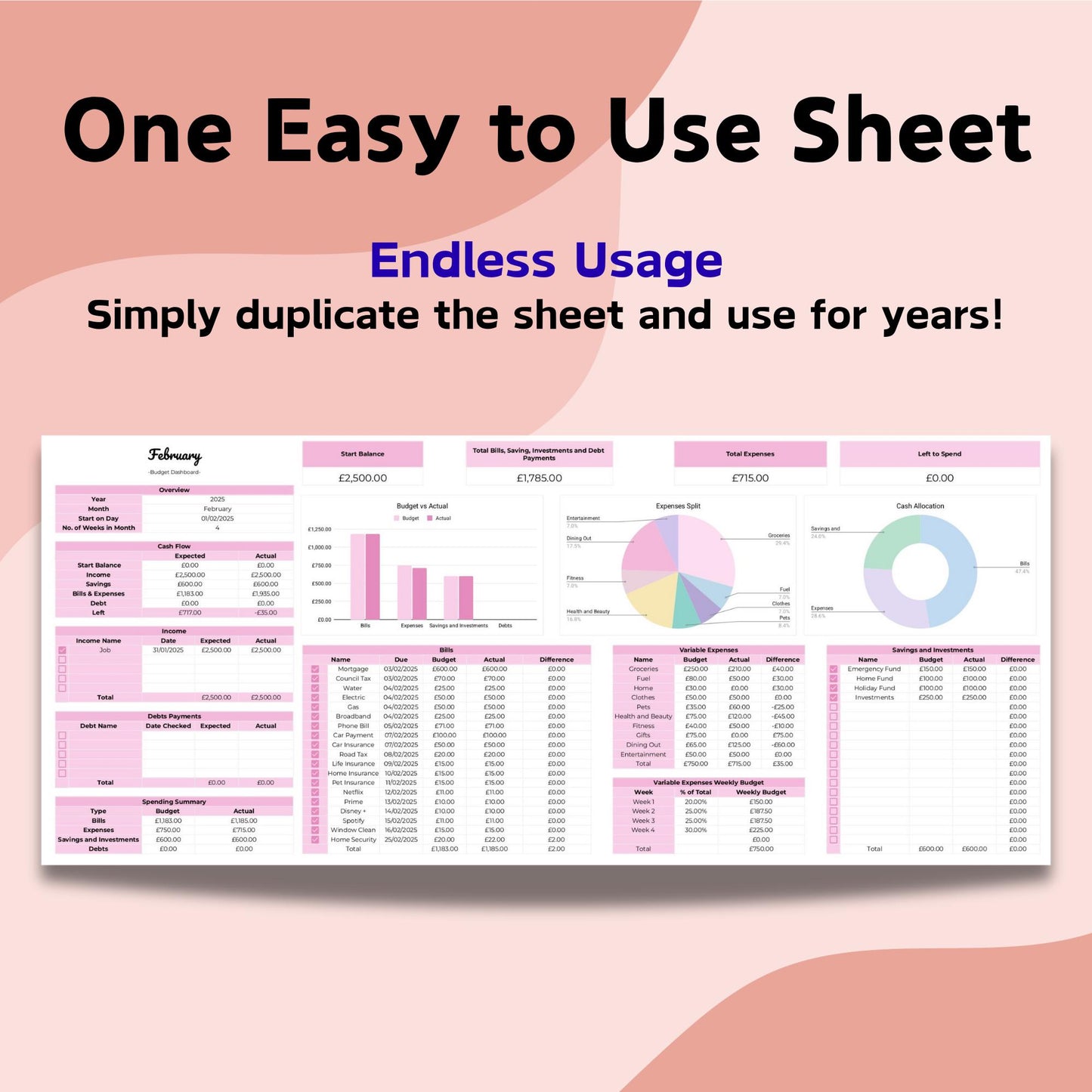 Pink Budget by 4 Monthly Budget Planner - Google Sheets