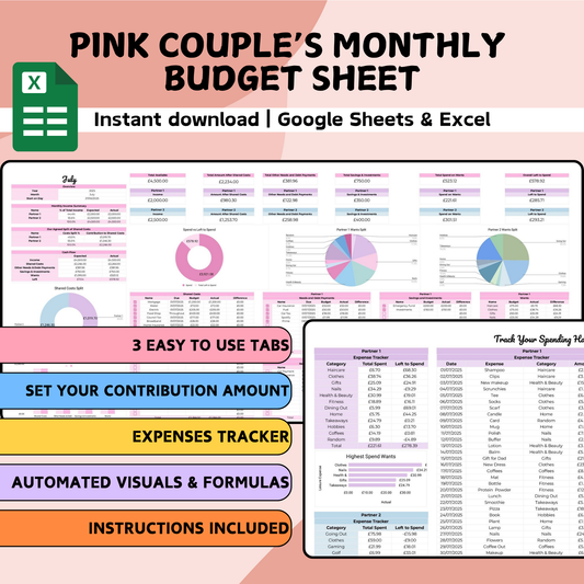 Pink Couple's Monthly Budget Planner - Google Sheets & Excel