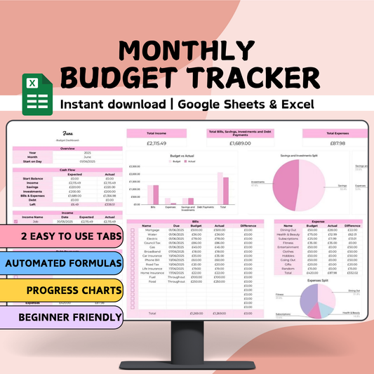 Pink Monthly Budget Planner - Google Sheets & Excel