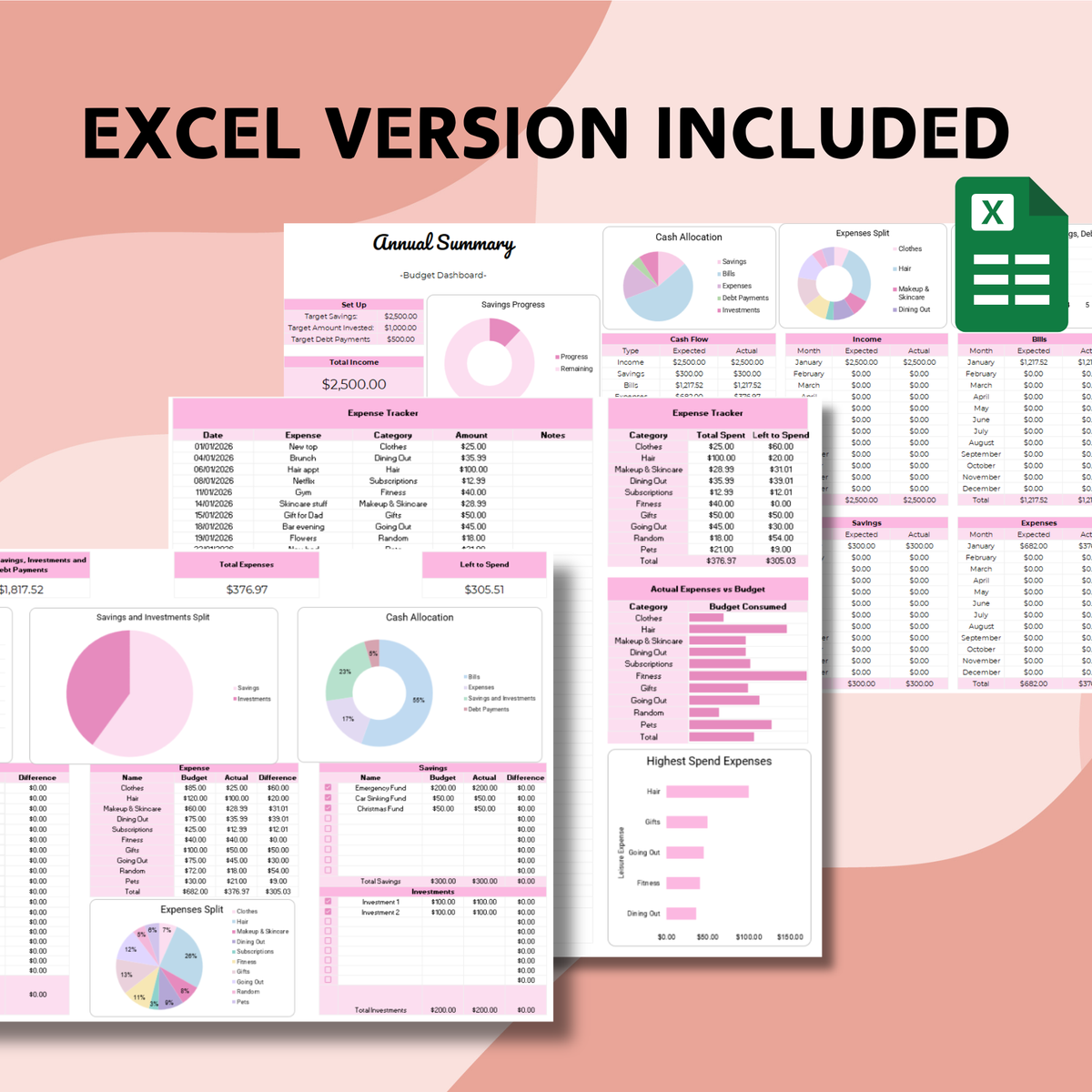 Pink Annual Budget Planner - Google Sheets & Excel