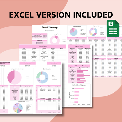 Pink Annual Budget Planner - Google Sheets & Excel