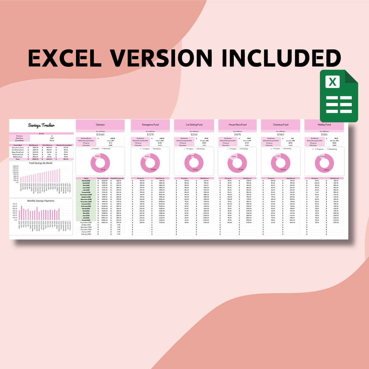 Pink Savings Tracker - Google Sheets & Excel