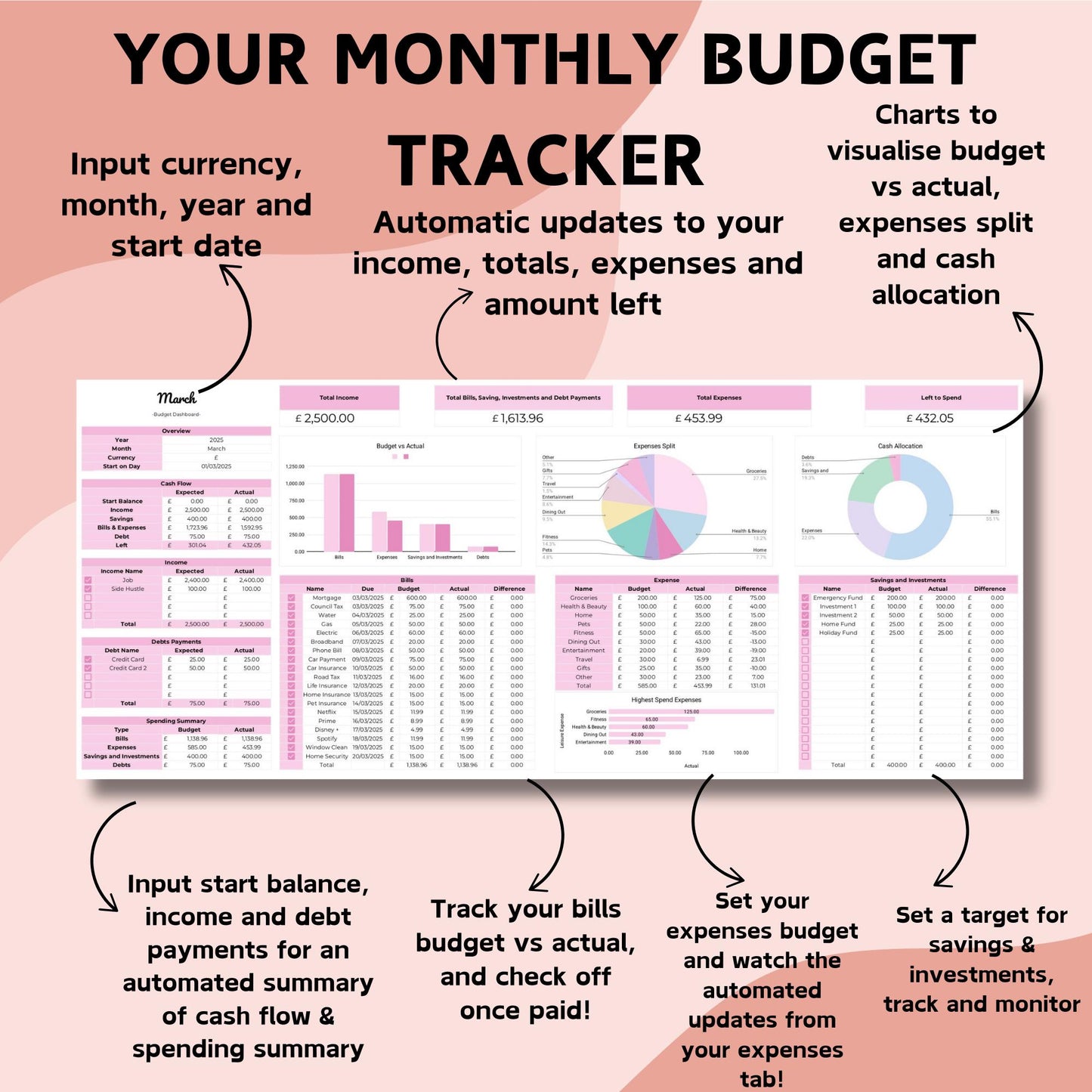 Pink Monthly Budget and Savings Tracker - Google Sheets