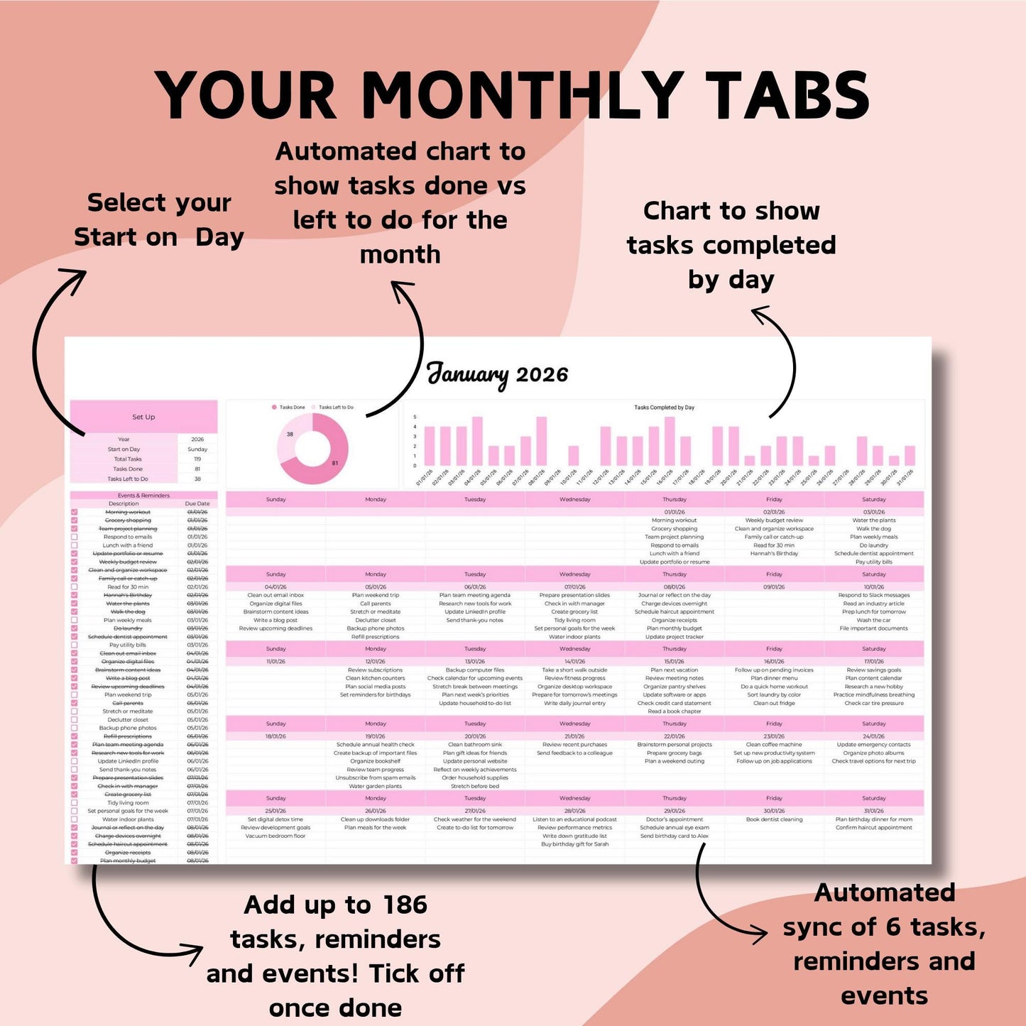 Pink Monthly & Annual Calendar Spreadsheet - Google Sheets