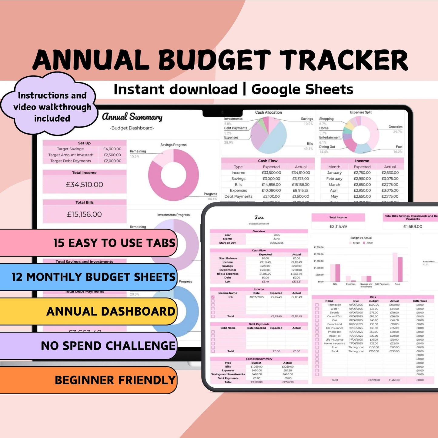 Pink Annual Budget Planner - Google Sheets