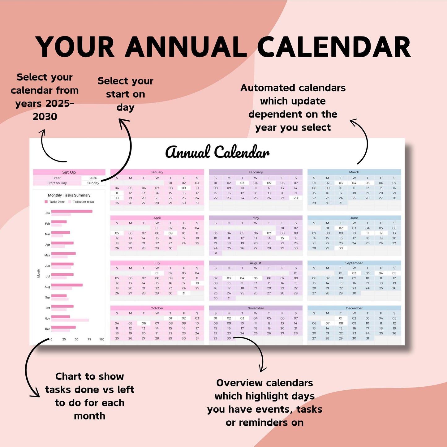 Pink Monthly & Annual Calendar Spreadsheet - Google Sheets