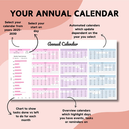 Pink Monthly & Annual Calendar Spreadsheet - Google Sheets