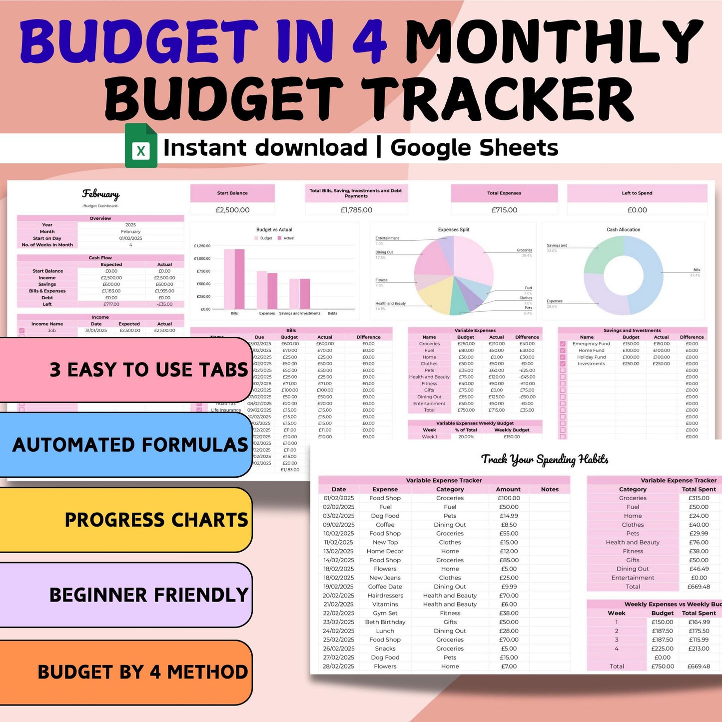 Pink Budget by 4 Monthly Budget Planner - Google Sheets