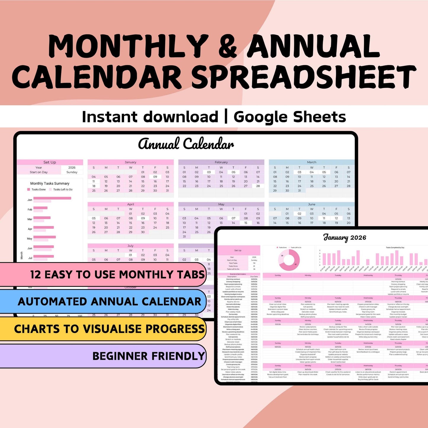 Pink Monthly & Annual Calendar Spreadsheet - Google Sheets