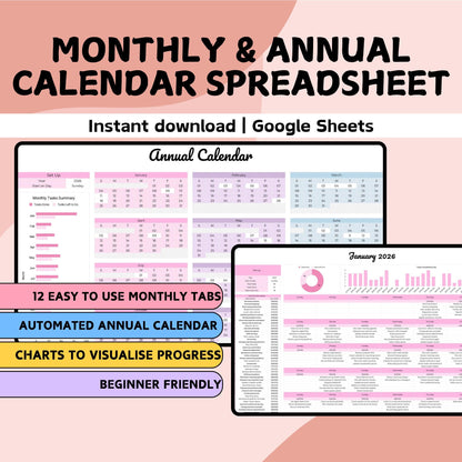 Pink Monthly & Annual Calendar Spreadsheet - Google Sheets