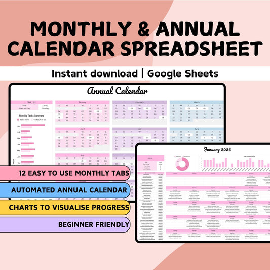 Pink Monthly & Annual Calendar Spreadsheet - Google Sheets
